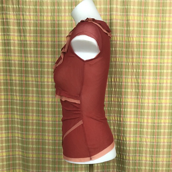 Anthro Maroon Blush Mesh Trim Faux Wrap Top XS - Picture 5 of 5